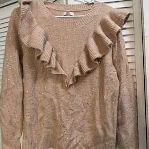 LC Lauren Conrad Tan Crew Neck Sweater with Ruffle Details